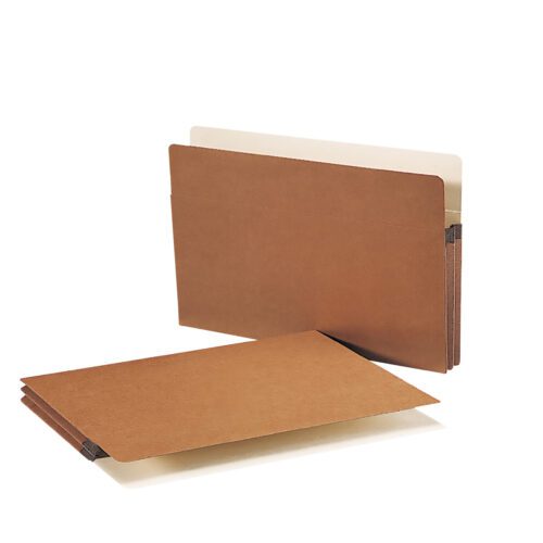 Two Smead File Pockets, legal size with a 1-3/4 expansion interior in redrope, rest on a white background. One stands upright while the other lies flat. Both have black elastic bands for secure closure.