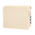 A Smead End Tab File Pocket, Manila, with a reinforced straight-cut tab and 1-3/4 expansion has colored side labels showing A, M, and E.