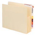 A Smead End Tab Convertible File Pocket in manila is shown. It features color-coded labels and a tab reading River Valley Pet Hospital. The open folder reveals expandable sections and a fully-lined gusset for durability.