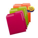 The Smead Organized Up Heavyweight Vertical File Folders, available in bright red, green, pink, and orange tones with a yellow and blue DUAL TAB label, offer a stylish touch to letter-size organization essentials. Pack includes six folders (75406).