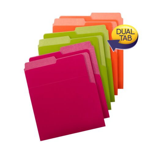 75406_C1.jpg The Smead Organized Up Heavyweight Vertical File Folders, available in bright red, green, pink, and orange tones with a yellow and blue DUAL TAB label, offer a stylish touch to letter-size organization essentials. Pack includes six folders (75406).