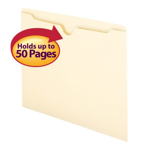 A Smead File Jacket in manila features a cutout tab and holds up to 50 pages. This sleek, flat, non-expanding folder comes in boxes of 100 (75410). Red and yellow circular label overlay is included.