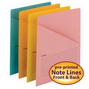The Smead Organized Up? Notes Slash Jacket comes in a pack of 12 letter-size folders, featuring vibrant teal, yellow, and pink colors. Each folder offers pre-printed note lines on both sides, with a circular label reading pre-printed Note Lines Front & Back. (Product 75427).
