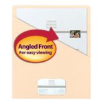 The Smead Organized Up? Slash Jacket, Letter Size, Manila (25 per Pack, 75430) has an angled front for easy document viewing, with a red and yellow arrow for emphasis. Inside, you can see a small printed family photo and text on the document.