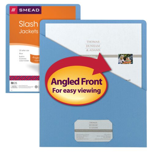 The Smead Organized Up™ Slash Jacket (75431) in blue, featuring an angled front for easy document viewing, includes 25 letter-size folders per pack, making organization simple while keeping documents partially visible.