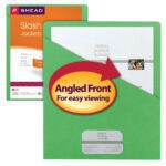 The Smead Organized Up Slash Jacket (75432) is a green, letter-size folder with an angled front for easy viewing, featuring a vibrant red and yellow arrow pointing to the opening. It comes in a pack of 25, with similar folders shown in the background.