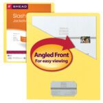 The Smead Organized Up? Slash Jacket in yellow (75434) for letter-sized documents features an angled front for easy viewing. It partially covers a white paper with a visible photo corner, highlighted by a red arrow and text. The Smead logo is prominent in the top-left corner. Available in packs of 25.