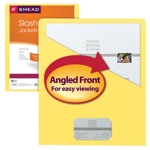 75434_C1.jpg The Smead Organized Up? Slash Jacket in yellow (75434) for letter-sized documents features an angled front for easy viewing. It partially covers a white paper with a visible photo corner, highlighted by a red arrow and text. The Smead logo is prominent in the top-left corner. Available in packs of 25.