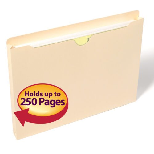 The image displays a Smead File Jacket in Manila, partially opened with paper inside. A graphic shows a reddish-orange circular label with a yellow middle stating Holds up to 250 Pages, and an arrow pointing to the letter-sized model. It offers a 1 expansion and comes in boxes of 50 (75439).