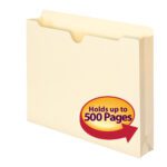 The Smead File Jacket, Manila color, Letter Size (50/Box), features a 2 expansion and bold yellow/red label Holds up to 500 Pages, with a top tab for easy labeling.