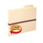 The Smead File Pocket (75487) in manila features a reinforced 2/5-cut printed tab and a 1-inch capacity band. The light brown design includes a lined labeling space and a left-side badge in red and yellow stating 1 Inch Capacity.