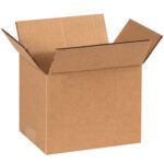 An open MH-USA 7 x 5 x 5 corrugated box (25/Bundle) with outward flaps sits empty against a white backdrop, highlighting its simple design and texture.