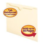 Image of a robust Smead File Jacket (75500) in classic manila with circular labels stating Tab Reinforced To Last Longer and Holds up to 50 Pages. It features a top tab for labeling and is available in boxes of 100.