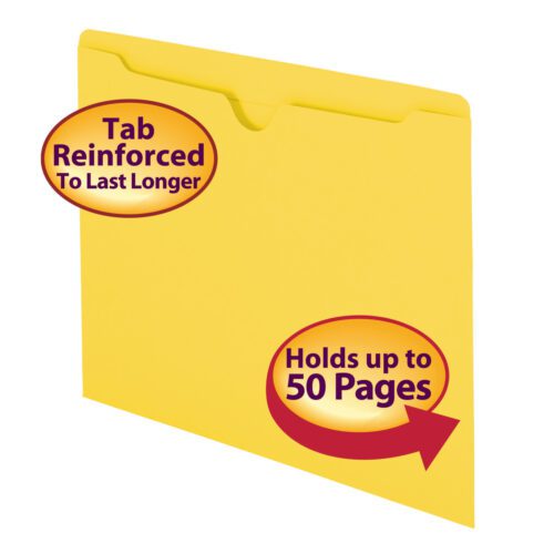75511_C1.jpg A Smead File Jacket (75511) in yellow with a reinforced straight-cut tab, flat-no expansion design, and letter size is showcased. It includes an orange oval label Tab Reinforced To Last Longer and a red arrow label Holds up to 50 Pages, facilitating easy storage.