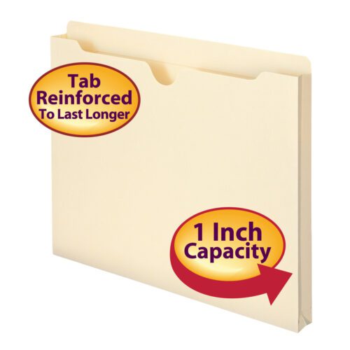 The Smead File Jacket, Manila, features a reinforced straight-cut tab with a 1 expansion for documents. Circular labels highlight Tab Reinforced To Last Longer and 1 Inch Capacity, designed with an orange to yellow gradient. Pack includes 50 letter-sized file folders per box (75520).
