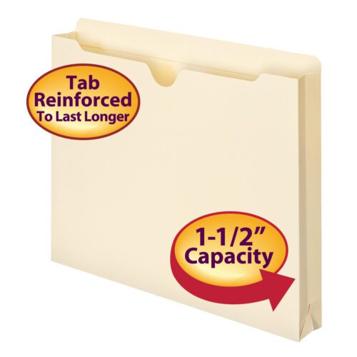 The Smead File Jacket in manila (75540) features a reinforced straight-cut tab and 1-1/2 expansion, providing durability and ample space, available in a box of 50.