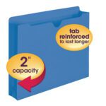 The Smead File Jacket (75562) is blue with reinforced straight-cut tabs and a 2 expansion, designed for letter-size documents. It features an accordion style closure and comes with text labels, a yellow circle, and a red arrow highlighting the 2 capacity. Pack includes 50 per box.