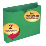 The Smead File Jacket (75563), a green expandable file folder with a reinforced straight-cut tab and 2 expansion, includes a label reading tab reinforced to last longer. Its perfect for organizing or storing numerous documents efficiently.