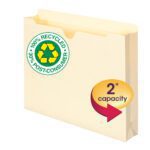 The Smead 100% Recycled File Jacket (75605) is manila with a reinforced straight-cut tab, marked 100% Recycled and 30% Post-Consumer, featuring a 2 expansion to fit letter-size documents.