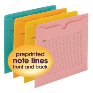The Smead Notes File Jacket (75616) offers a 12-pack of letter-size file folders in assorted colors (green, yellow, pink), featuring preprinted note lines on both sides and a circular label highlighting this feature for organization.