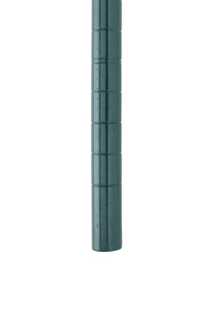 A Metro Super Erecta 63UPK3 SiteSelect Mobile-Ready Wire Shelving Post in Metroseal Green Epoxy features a vertical, cylindrical design with horizontal grooves on its 63 H body, set against a plain white backdrop, evoking sleek industrial design.