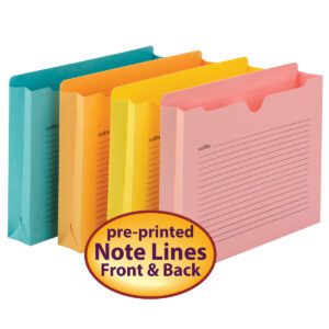 Explore the Smead Notes File Jacket, featuring four vibrant colors: teal, yellow, orange, and pink. Each file folder includes pre-printed note lines on both sides and circular labels. Designed with a 2 expansion for extra capacity, theyre available in packs of 12 (75694).