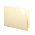 The Smead End Tab File Jacket with Antimicrobial Product Protection, featuring a reinforced straight-cut tab on the right edge, is manila and holds a partially visible white sheet of paper against a plain white background. The flat-no expansion design ensures sleek document organization.