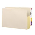 The Smead End Tab File Pocket is a beige manila accordion folder with a 3-1/2 expansion and a reinforced straight-cut tab. It features colored number tabs, 0 in yellow and 3 in purple, and its legal-size allows for visible expandable sections.
