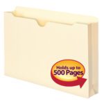 The Smead File Jacket, a manila accordion file folder with a 2 expansion and open top, holds up to 500 legal-sized pages. It features a prominent red and yellow label pointing to the folder. Available in packs of 50 per box (76470).