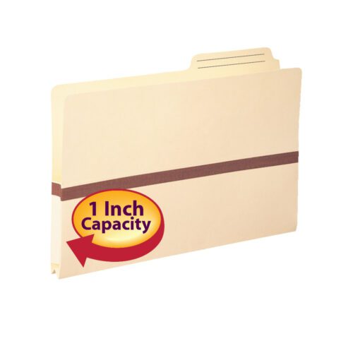 A Smead reinforced Manila file pocket with a 2/5-cut printed tab (76487) features a brown elastic band and a red oval graphic showing 1 Inch Capacity pointing to the folder.