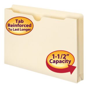 The Smead File Jacket, manila colored with a reinforced tab and 1-1/2 expansion, offers legal size storage. Circular labels highlight Tab Reinforced To Last Longer and 1-1/2 Capacity in red and gold. Available in boxes of 50 (76540).