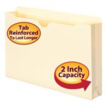 The Smead File Jacket (76560) for legal-size documents features a reinforced tab with 2 expansion, highlighted by circular labels: Tab Reinforced To Last Longer and 2 Inch Capacity, marked by an arrow to the folders edge. Comes in manila, 50 per box.