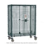 The Metro SEC56VK3PL Super Erecta Mobile Security Shelving Unit features a large green wire mesh cage on wheels with an electronic PIN lock, ideal for storage or transport. It has a durable Metroseal Green Epoxy finish and measures 27.25 x 65 x 68.4375. Note: Dimensions may vary.