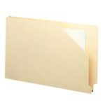 A beige Smead End Tab File Jacket with a straight-cut tab, 1-1/2 expansion, slightly worn with an angular cut on top right, suitable for legal-size documents, stands upright against a white background. Practical and available at 50 per box (76740).