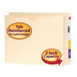The Smead End Tab Expanding File Jacket, in cream Manila color with a 2 expansion, has a reinforced straight-cut tab for durability. It includes side index tabs with color-coded and numbered labels and comes in a pack of 25 (76910).
