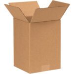 An open, upright MH-USA 7 x 7 x 10 corrugated box with outward folded flaps, light brown color, and a single piece of tape on the bottom. Each bundle contains 25 versatile boxes for various storage needs.