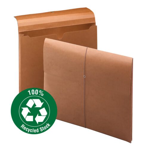 Two Smead Wallet expanding file folders are shown, one open and one closed. They feature a green 100% Recycled label with a recycling symbol. The redrope design allows 2 expansion for document storage, while the elastic closure keeps contents secure.