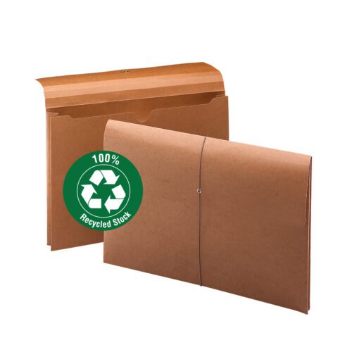 Two redrope Smead Wallets (77171), crafted from 100% recycled stock. One wallet is open with a flap, the other has an elastic closure. Both feature a green recycling symbol and come in a box of 10, sized for legal documents with a 2 expansion.