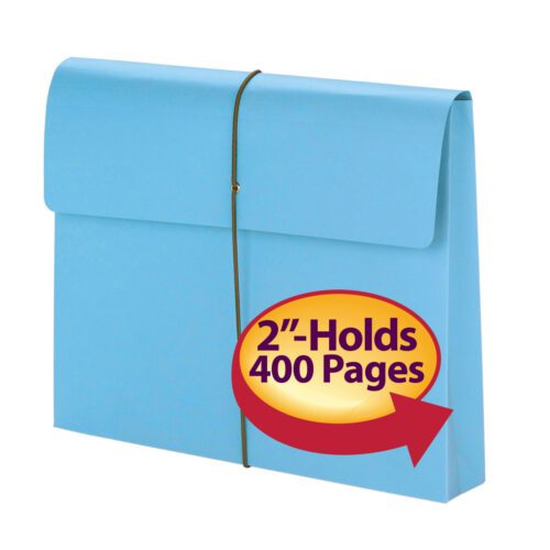 The Smead Expanding File Wallet in blue is ideal for organizing documents, featuring a flap and cord closure. It holds up to 400 pages, expands to 2 inches wide, and comes in a letter size. Sold in convenient packs of 10 per box (77203).