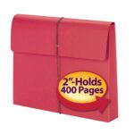 The Smead Expanding File Wallet features a protective flap and cord closure secured by a black elastic band and has a circular label reading 2 - Holds 400 Pages in yellow on red. Perfectly sized for letter-size documents, it comes in red with 2 expansion, sold as 10 per box (77205).
