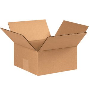 An open MH-USA 7 x 7 x 3 flat corrugated box, made of brown material and perfect for shipping and storage, rests against a white background. These boxes come in bundles of 25 for efficient packing needs.