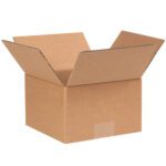 An open MH-USA 7 x 7 x 4 corrugated box with flaps extended outward rests against a plain white background. This empty box, sold in bundles of 25, is ideal for your packing needs.