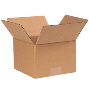An open, empty MH-USA 7 x 7 x 5 Corrugated Box rests on a white background with flaps extended. This sturdy cardboard design is perfect for packing or storing items and is available in bundles of 25.