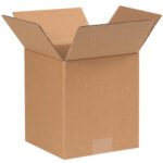 A cardboard box with open flaps sits upright on a white background. The MH-USA 7 x 7 x 8 corrugated box, sold in bundles of 25, is empty and reinforced for packing or shipping. A small piece of tape is visible at the bottom center.
