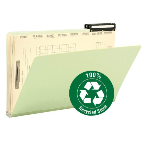 78208_C1.jpg A Smead Pressboard Mortgage File Folder, 14-3/4W x 10H, with a 100% Recycled Stock badge and labeled tabs is packed with documents. Available in packs of 10 per box (78208).