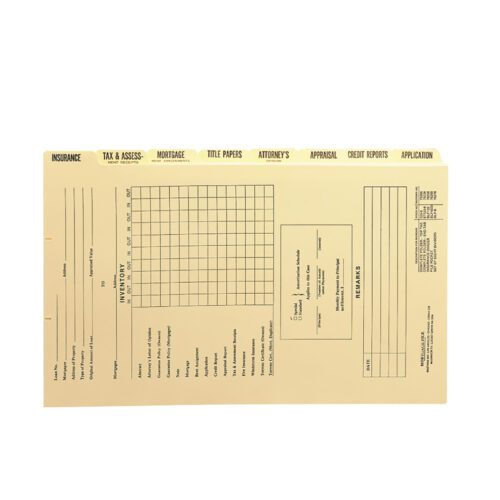 78278_C1.jpg The Smead Mortgage Folder Printed Replacement Divider Set (78278) features 8 Manila folders, each 14-3/8W x 9H, with printed categories such as insurance, tax, and mortgage. They include inventory lines and spaces for names and addresses.