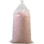 The MH-USA 7 Cubic Feet Pink Anti-Static Loose Fill is packed in a clear bag with white and pink peanuts, tied at the top for convenient storage and efficient packaging.