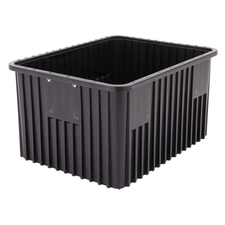 The Metro TB93120CAS Conductive Polypropylene Tote, measuring 22.5 x 17.5 x 12, is a large black storage bin with ribbed sides, smooth edges, and small holes for ventilation or handles, offering a stylish and functional solution for your storage needs.