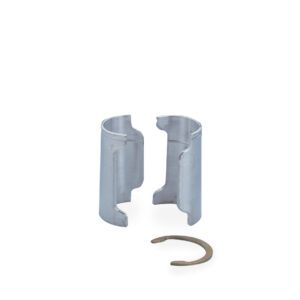 Two semi-circular silver metallic snap ring pliers are open beside a small bronze snap ring on white. Ideal for precision, these tools complement the Metro 9986S Aluminum Split Sleeves with Stainless Rings, Pack of 4, for Super Erecta Industrial Wire Shelving.