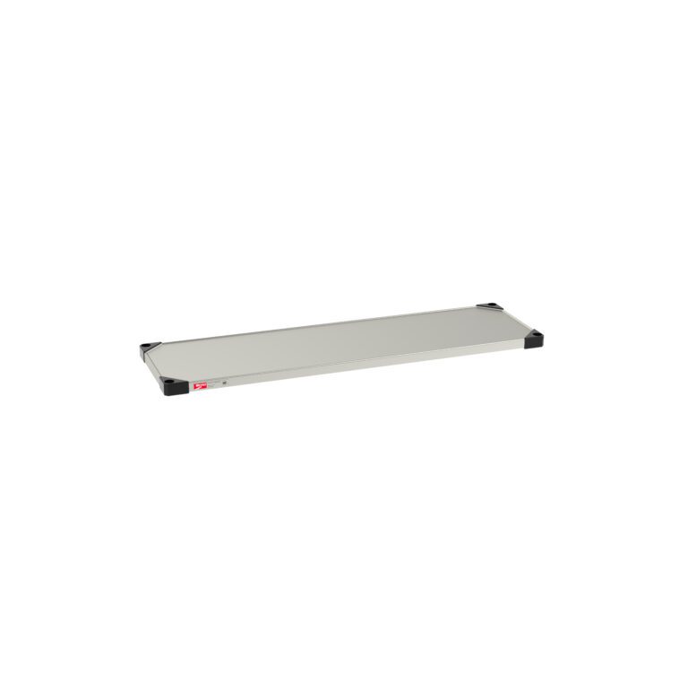 The Metro 1448FS Super Erecta Solid Shelf, made of standard stainless steel and measuring 14 x 48, features black plastic corner caps and a small red logo on the front, isolated on a white background.